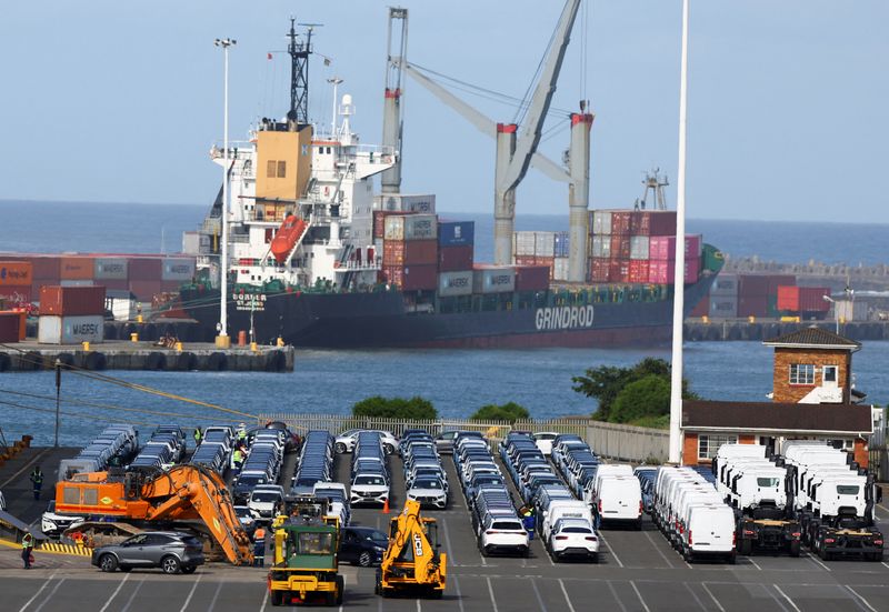 © Reuters. FILE PHOTO: Workers inspect cars newly manufactured from a nearby plant before being loaded on a cargo ship at a port, in East London, in the Eastern Cape province, South Africa, March 19, 2023. REUTERS/Siphiwe Sibeko/File Photo